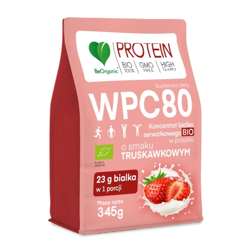 BeOrganic Białko serwatkowe WPC 80 Truskawka BIO 345g.webp