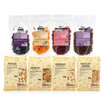 Zawartość zestawu prezentowego BRAT.pl – 8 opakowań po 200 g: pistacje, orzechy włoskie, nerkowce, orzechy ziemne, żurawina, śliwki, rodzynki i morele.